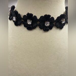 Vintage black fabric floral choker necklace with rhinestones. Made in the 1990s